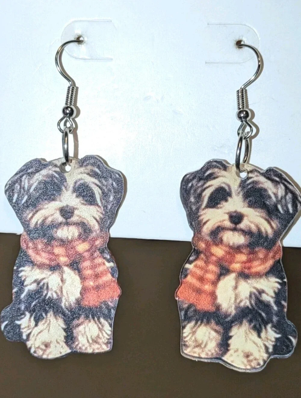 Hand Crafted Black, Cream and Orange Dog Scarf Drop Earrings